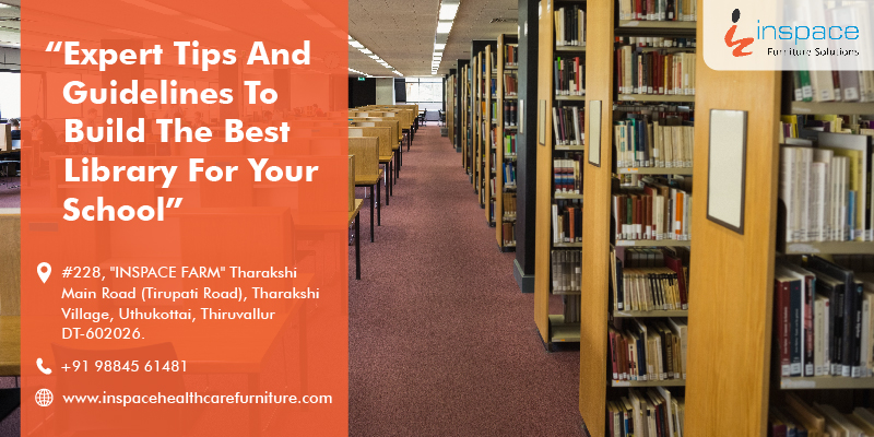 Books neatly arranged in the yellow colour library shelves and yellow colour chairs & tables arranged and few people sitting at the back