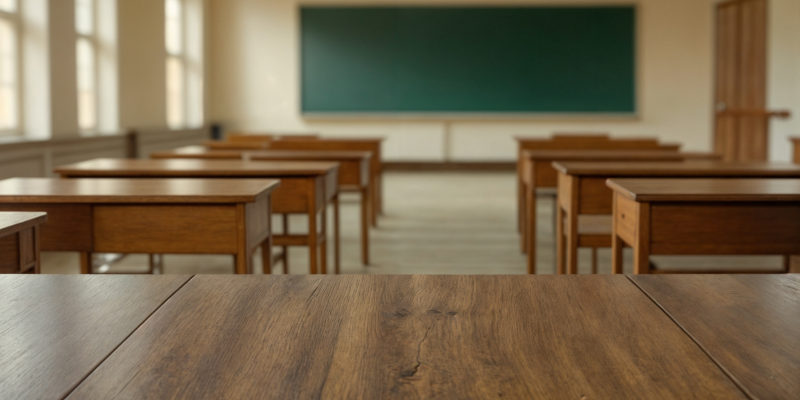 A two seater classroom desk with chairs and storage space under the desk.