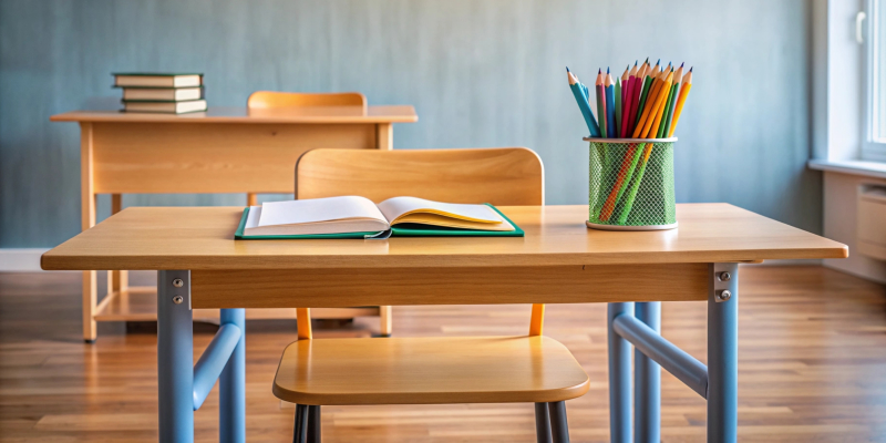 Empty classroom with chairs and desks illustrate the importance of quality school furniture.